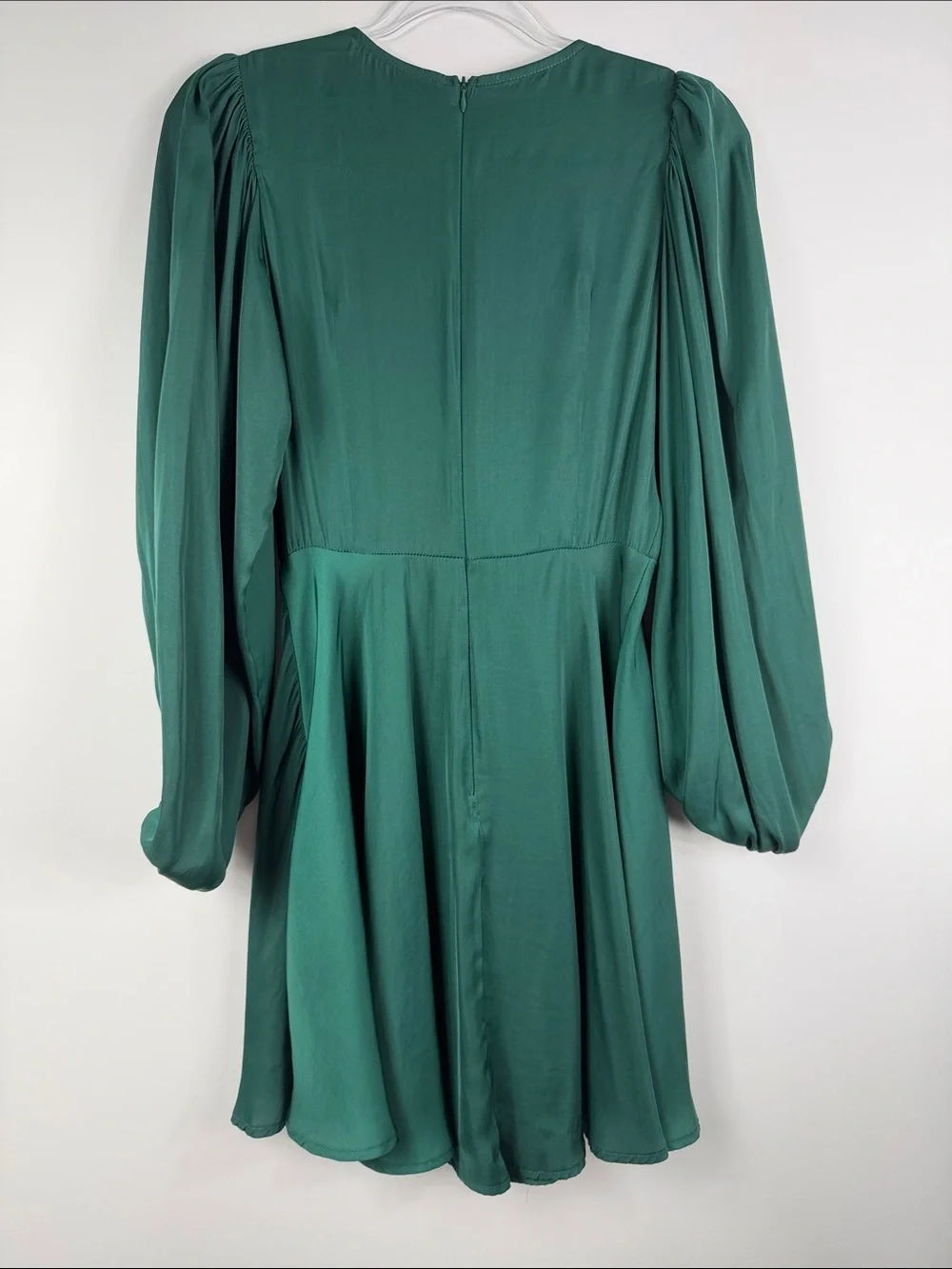 Saints + Secrets Deep Teal Satin Tie-Front Mini Dress Puff Sleeve S